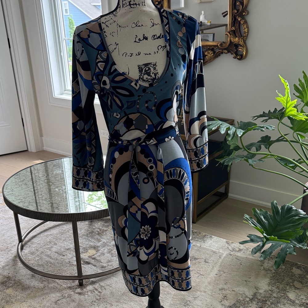 Blue Abstract Print Wrap Dress